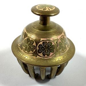 Vintage India Brass Claw Elephant Bell Etched Clover Pink 4"